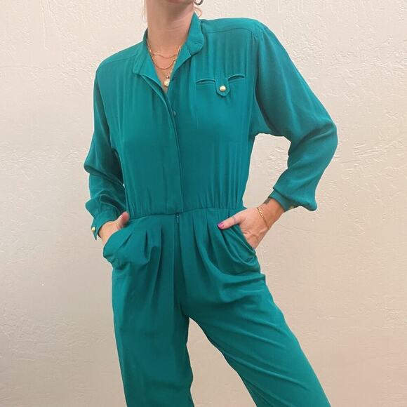 Vintage 1980's 100% Silk Turquoise Long Sleeve Utility Jumspuit - Picture 4 of 9